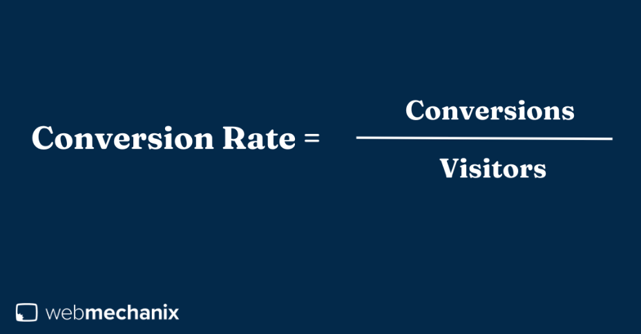 Conversion rate equals conversions divided by visitors
